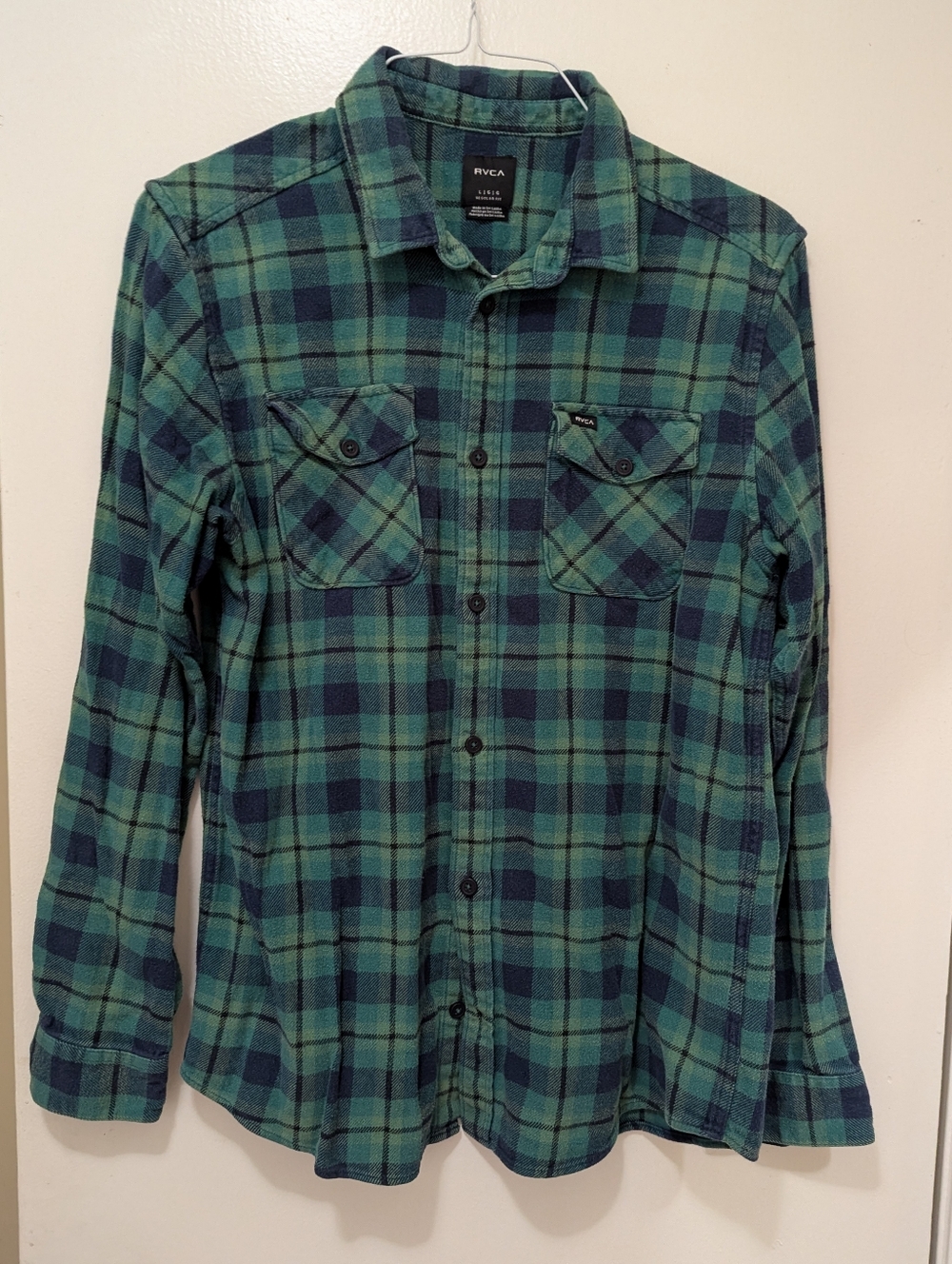 RVCA Green & Navy Plaid Flannel Button-Up Shirt Large